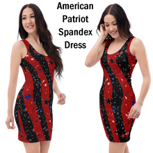 american-spirit-flag-patriotic-clothing-spandex-bodycon-dress-red-stripes-black-stripes-blue-stars-red-stars-black-stars-front-left-view-front-right-view