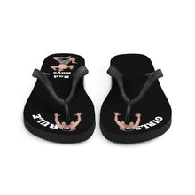 comfortable-womens-girls-rule-black-fabric-topped-flip-flops-sandals-men-bow-under-toes-one-tiny-man-crushed-under-heel-bad-boy-next-to-him-front-view