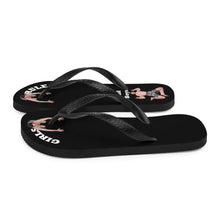 comfortable-womens-girls-rule-black-fabric-topped-flip-flops-sandals-men-bow-under-toes-one-tiny-man-crushed-under-heel-bad-boy-next-to-him-left-view
