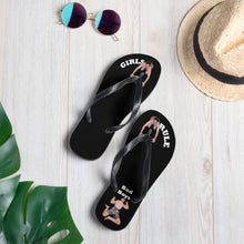 comfortable-womens-girls-rule-black-fabric-topped-flip-flops-sandals-men-bow-under-toes-one-tiny-man-crushed-under-heel-bad-boy-next-to-him-lifestyle-1-top-view