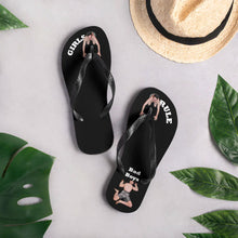 comfortable-womens-girls-rule-black-fabric-topped-flip-flops-sandals-men-bow-under-toes-one-tiny-man-crushed-under-heel-bad-boy-next-to-him-lifestyle-2-top-view