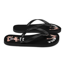 comfortable-womens-girls-rule-black-fabric-topped-flip-flops-sandals-men-bow-under-toes-one-tiny-man-crushed-under-heel-bad-boy-next-to-him-right-view