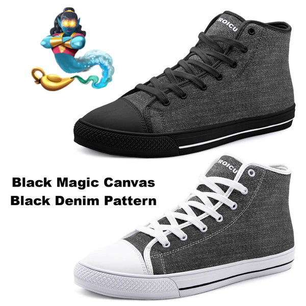 🧞‍♀️ Black Magic Black Denim Pattern Canvas High Tops Are Magical 🔮