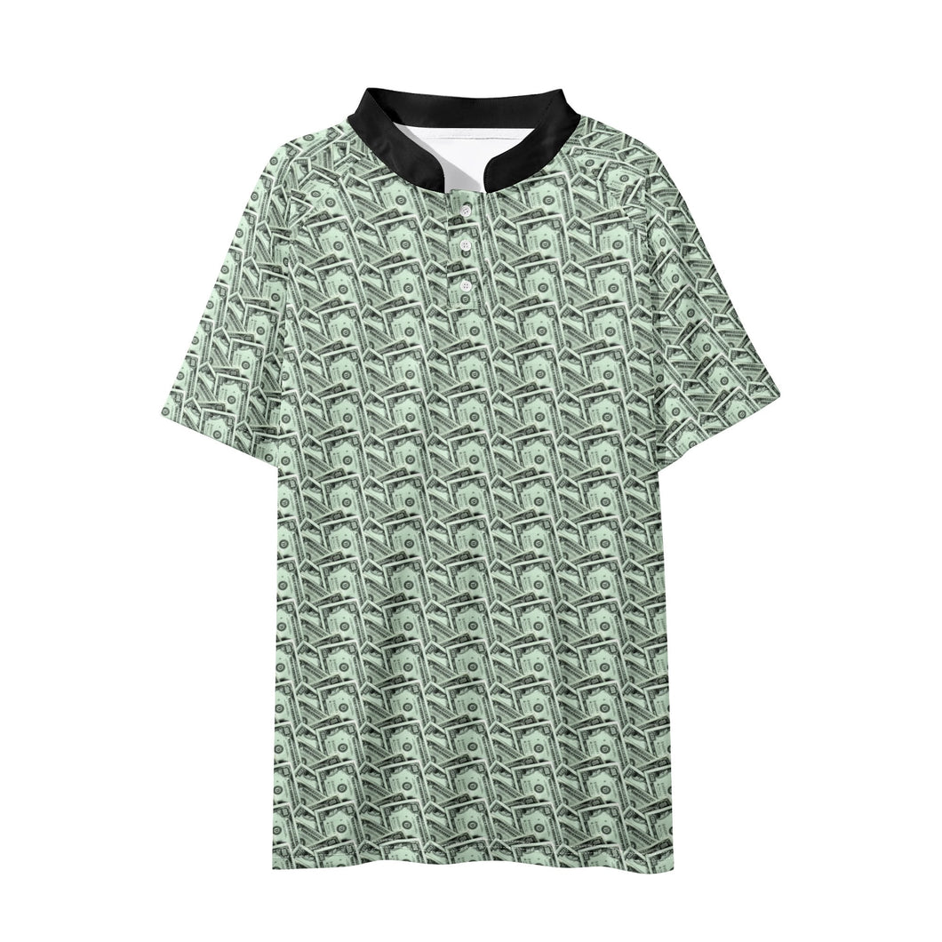 Men’s $100 Bill Pattern Polo Shirt – Short Sleeve Button-Up Golf, Tennis & Casual Wear Shirt with Cash Pattern and Black Collar