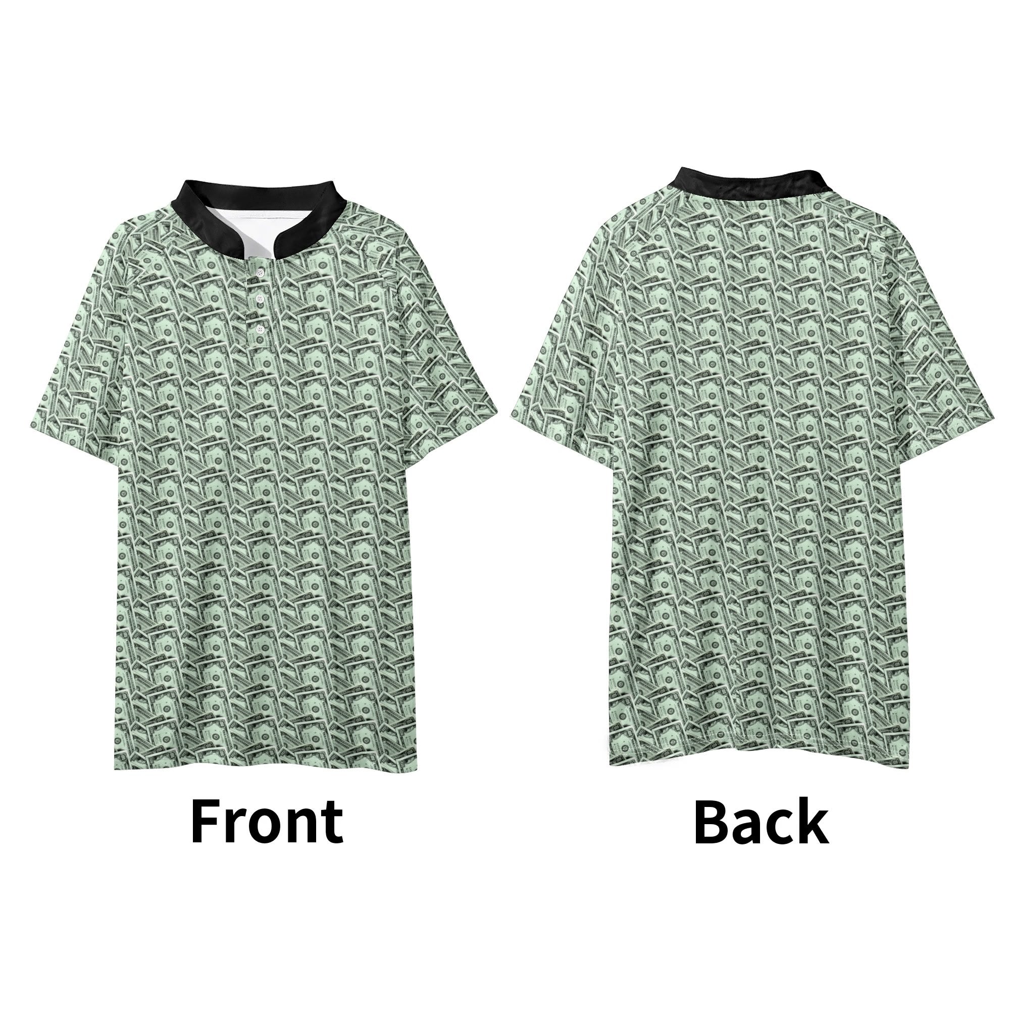 Men’s $100 Bill Pattern Polo Shirt – Short Sleeve Button-Up Golf, Tennis & Casual Wear Shirt with Cash Pattern and Black Collar