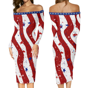 American-patriot-red-white-blue-best-womens-off-shoulder-long-sleeve-dress-front-back-view