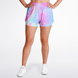 HeroicU-Brand-Unicorn-Mermaid-Pattern-Womens-2-in-1-running-shorts-with-pocket-Front-View-light-skinned-model