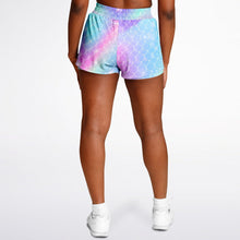 HeroicU-Brand-Unicorn-Mermaid-Pattern-Womens-2-in-1-running-shorts-with-pocket-back-view-dark-skinned-model