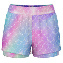 HeroicU-Brand-Unicorn-Mermaid-Pattern-Womens-2-in-1-running-shorts-with-pocket-front-view-ghost-model