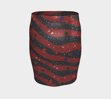 Women’s high-waisted American Flag glitter pencil skirt with red and black stripes and red, white and blue stars back view