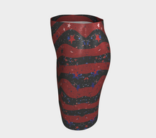 Women’s high-waisted American Flag glitter pencil skirt with red and black stripes and red, white and blue stars left side view