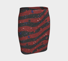 Women’s high-waisted American Flag glitter pencil skirt with red and black stripes and red, white and blue stars front oblique view