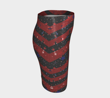 Women’s high-waisted American Flag glitter pencil skirt with red and black stripes and red, white and blue stars right side view