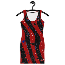 american-spirit-flag-patriotic-clothing-spandex-bodycon-dress-red-stripes-black-stripes-blue-stars-red-stars-black-stars-front-view-hangar
