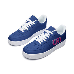    cristina-bascio-low-top-sneaker-dark-blue-leather-pink-name-whiteborder-heroicu-brand-left-and-right-shoe-outside-view