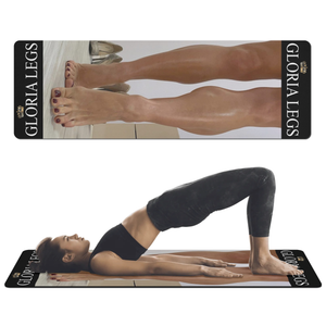 Gloria Legs ballerina luxury yoga mat with queens crown and name with a woman in a yoga pose on a mat