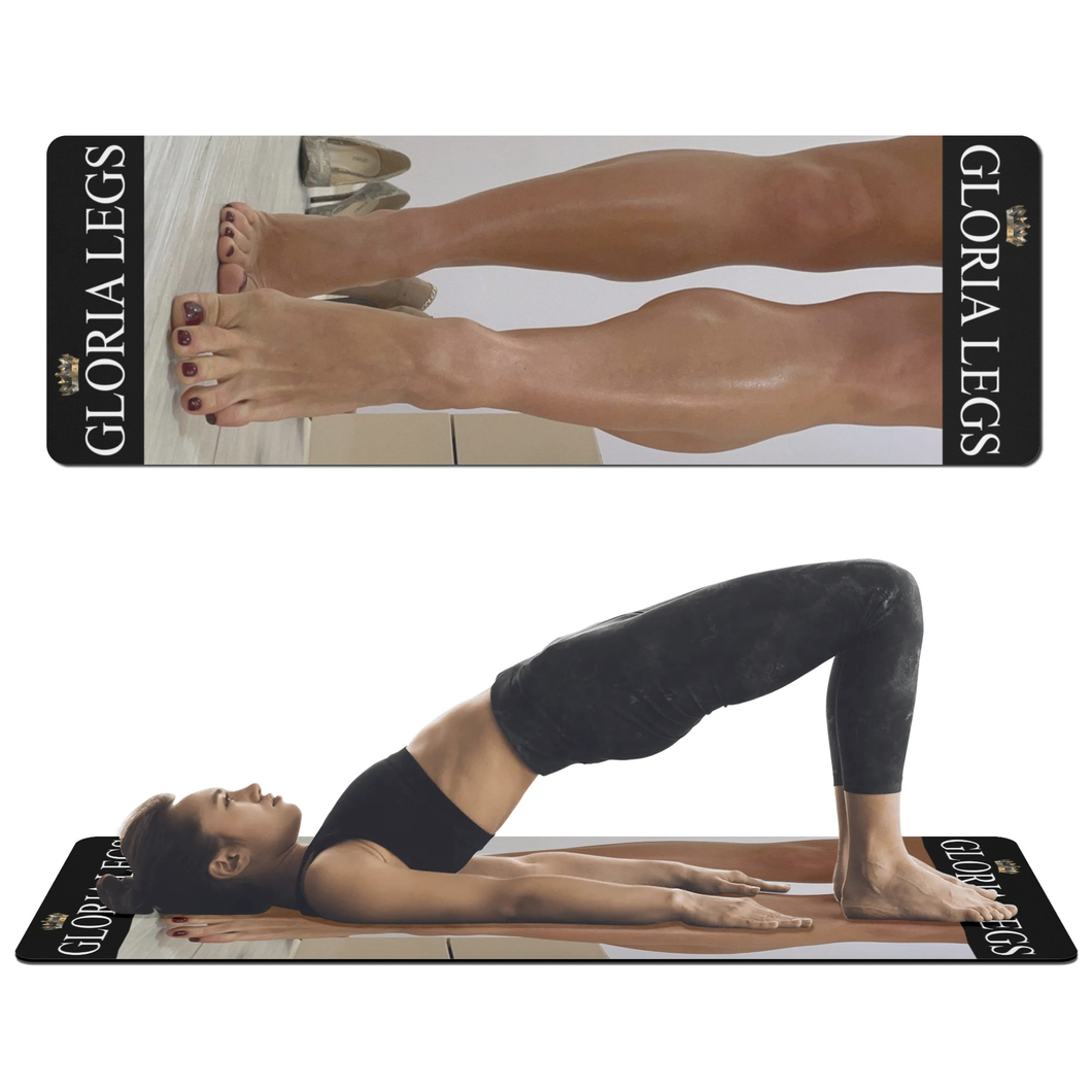 Gloria Legs ballerina luxury yoga mat with queens crown and name with a woman in a yoga pose on a mat