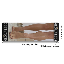 Gloria Legs luxury yoga mat with dimensions and a close-up of ballerina legs photo custom image on mat