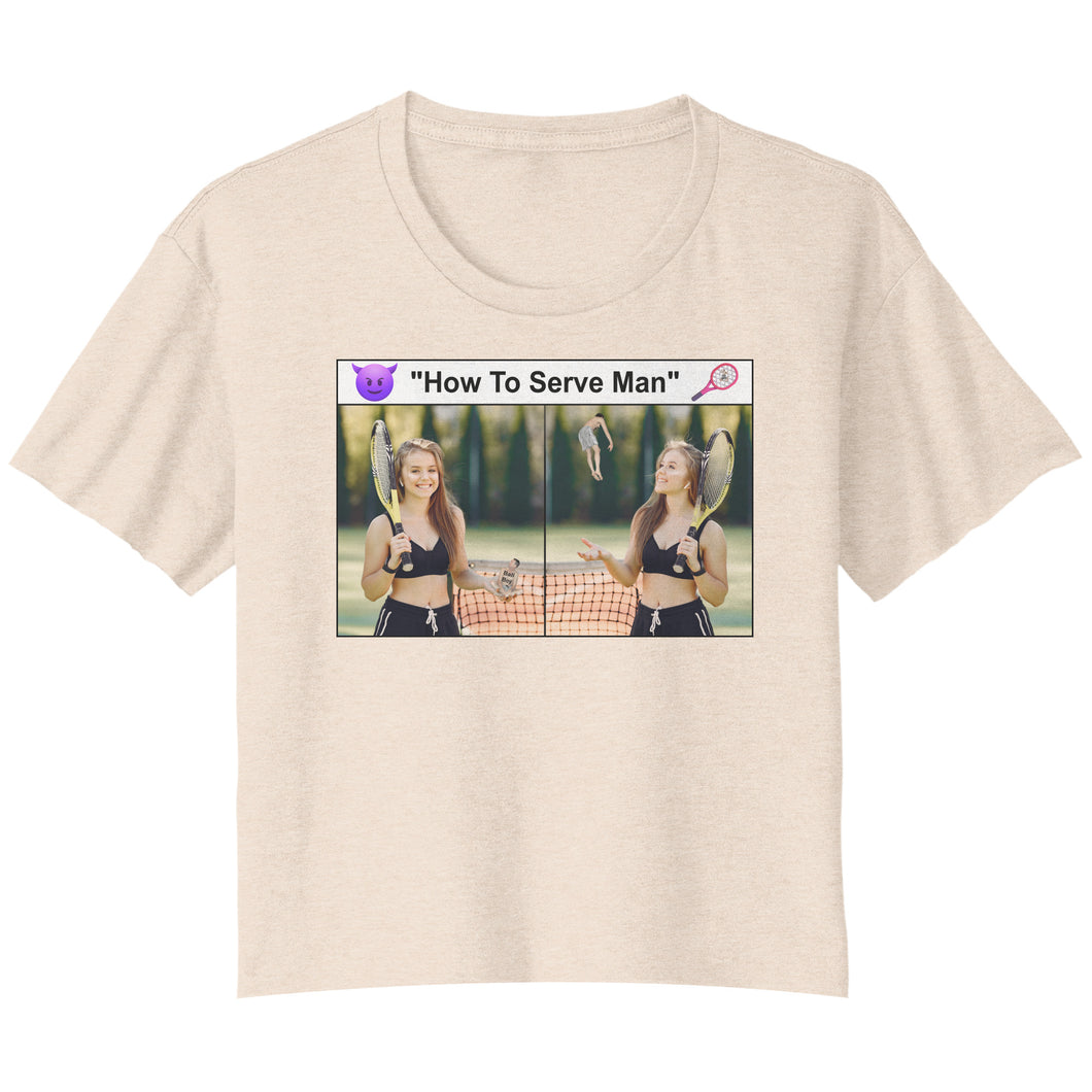    empower-her-flowy-crop-t-shirt-humorous-meme-how-to-serve-man-heather-dust-front-mockup