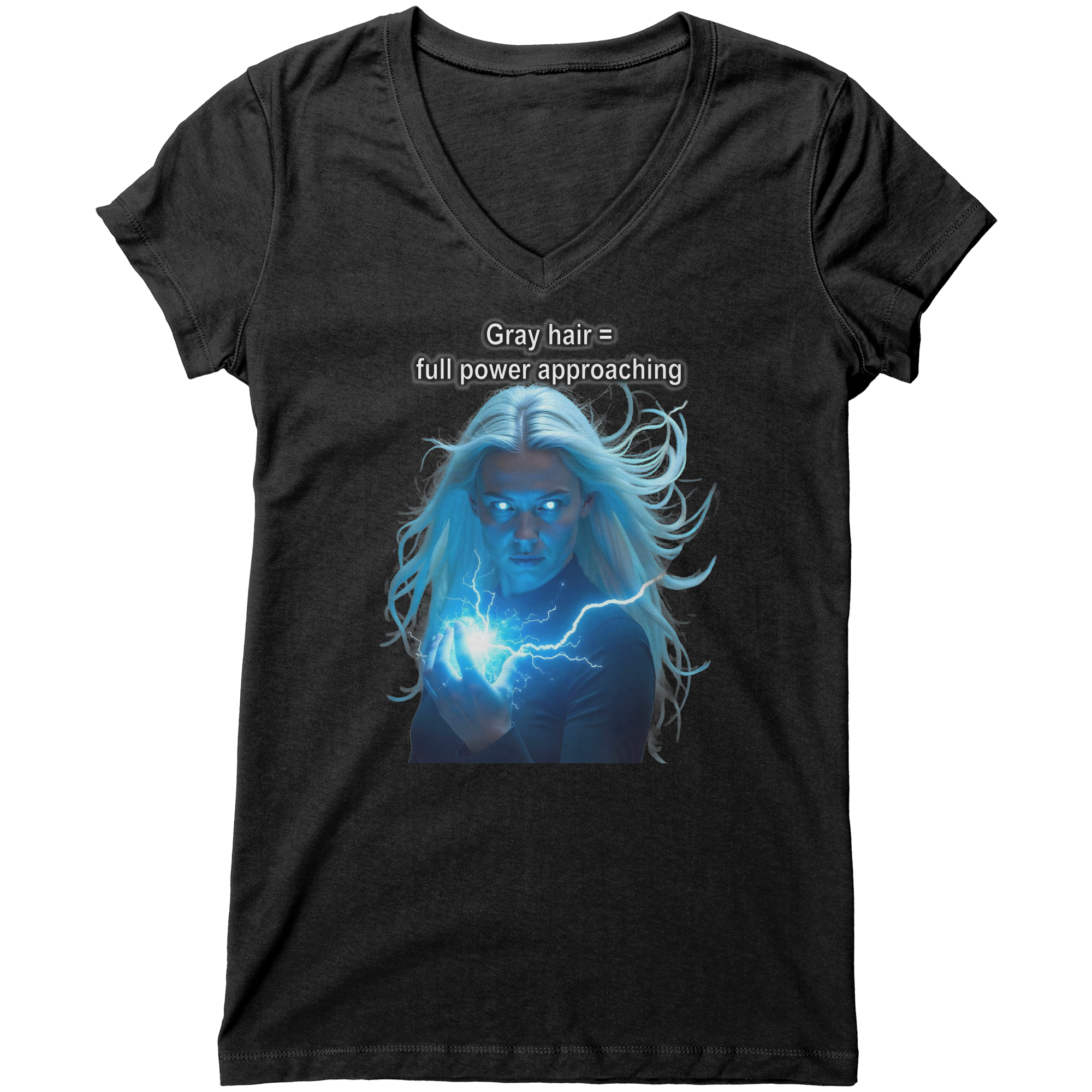 gray-hair-power-woman-blue-eyes-electricity-best-womens-V-Neck-Shirt-Gray-Hair-Full-Black-Mockup