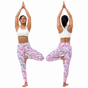 heroicu-best-womens-pink-cartoon-unicorn-all-over-print-yoga-leggings-standing-yoga-pose-front-and-back-view