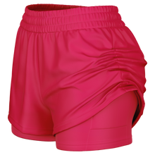 Coral athletic shorts, the outer shell raised to show the inner shorts and an elastic waistband, shown against a plain white background.