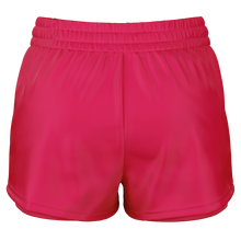 Coral athletic shorts back view with an elastic waistband, shown against a plain white background.