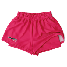 Coral athletic shorts with an elastic waistband and a small 'HEROICU' logo on the right leg, displayed on a clean white background.
