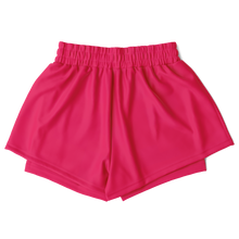 bright coral athletic shorts with an elastic waistband, shown flat against a plain white background