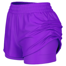 Purple athletic shorts, the outer shell raised to show the inner shorts and an elastic waistband, shown against a plain white background.
