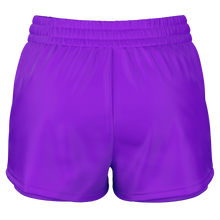 Purple athletic shorts back view with an elastic waistband, shown against a plain white background.