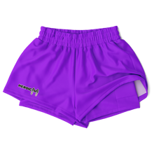 Purple athletic shorts with an elastic waistband and a small 'HEROICU' logo on the right leg, displayed on a clean white background.