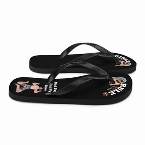   right-side-view-best-womens-girls-rule-flip-flops-sandals-tiny-man-bows-down-under-toes-one-man-crushed-under-heel-black-sole