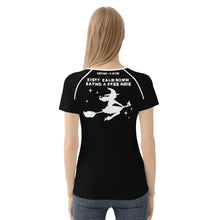    womens-best-black-halloween-shirt-every-calm-down-earns-a-free-ride-witch-on-broom-tiny-little-runt-man-on-broom-angry-monster-letters-back-view-blonde-girl-model