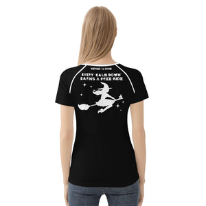    womens-best-black-halloween-shirt-every-calm-down-earns-a-free-ride-witch-on-broom-tiny-little-runt-man-on-broom-angry-monster-letters-back-view-blonde-girl-model