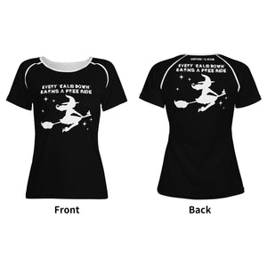    womens-best-black-halloween-shirt-every-calm-down-earns-a-free-ride-witch-on-broom-tiny-little-runt-man-on-broom-angry-monster-letters-front-and-back-view