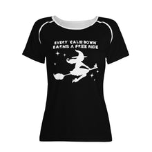    womens-best-black-halloween-shirt-every-calm-down-earns-a-free-ride-witch-on-broom-tiny-little-runt-man-on-broom-angry-monster-letters-front-view