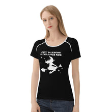    womens-best-black-halloween-shirt-every-calm-down-earns-a-free-ride-witch-on-broom-tiny-little-runt-man-on-broom-angry-monster-letters-oblique-front-view-blonde-girl-model