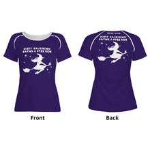 womens-best-purple-halloween-shirt-every-calm-down-earns-a-free-ride-witch-on-broom-tiny-little-runt-man-on-broom-angry-monster-letters-front-and-back-view