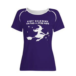 womens-best-purple-halloween-shirt-every-calm-down-earns-a-free-ride-witch-on-broom-tiny-little-runt-man-on-broom-angry-monster-letters-front-view