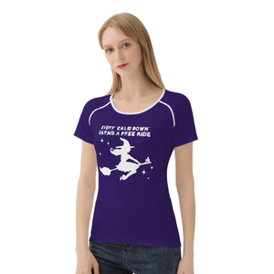 womens-best-purple-halloween-shirt-every-calm-down-earns-a-free-ride-witch-on-broom-tiny-little-runt-man-on-broom-angry-monster-letters-oblique-front-view-blonde
