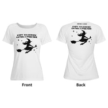 womens-best-white-halloween-shirt-every-calm-down-earns-a-free-ride-witch-on-broom-tiny-little-runt-man-on-broom-angry-monster-letters-front-and-back-view