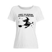 womens-best-white-halloween-shirt-every-calm-down-earns-a-free-ride-witch-on-broom-tiny-little-runt-man-on-broom-angry-monster-letters-front-view