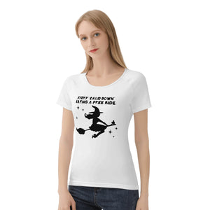     womens-best-white-halloween-shirt-every-calm-down-earns-a-free-ride-witch-on-broom-tiny-little-runt-man-on-broom-angry-monster-letters-oblique-front-view-blonde-girl-model