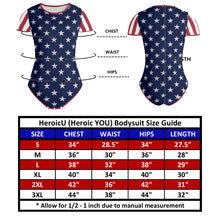 womens-red-white-blue-USA-american-flag-inspired-patriotic-stars-stripes-bodysuit-ghost-front-back-view-size-guide