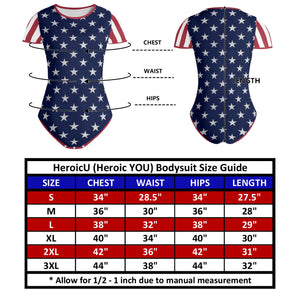 womens-red-white-blue-USA-american-flag-inspired-patriotic-stars-stripes-bodysuit-ghost-front-back-view-size-guide