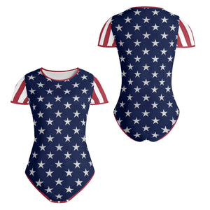 womens-red-white-blue-USA-american-flag-inspired-patriotic-stars-stripes-bodysuit-ghost-front-back-view