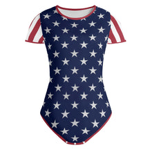 womens-red-white-blue-USA-american-flag-inspired-patriotic-stars-stripes-bodysuit-ghost-front-view