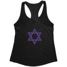 Back view of Ziva Jewish Superhero women's black racerback tank with purple Star of David