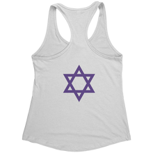 Back view of Ziva Jewish Superhero women's white racerback tank with purple Star of David